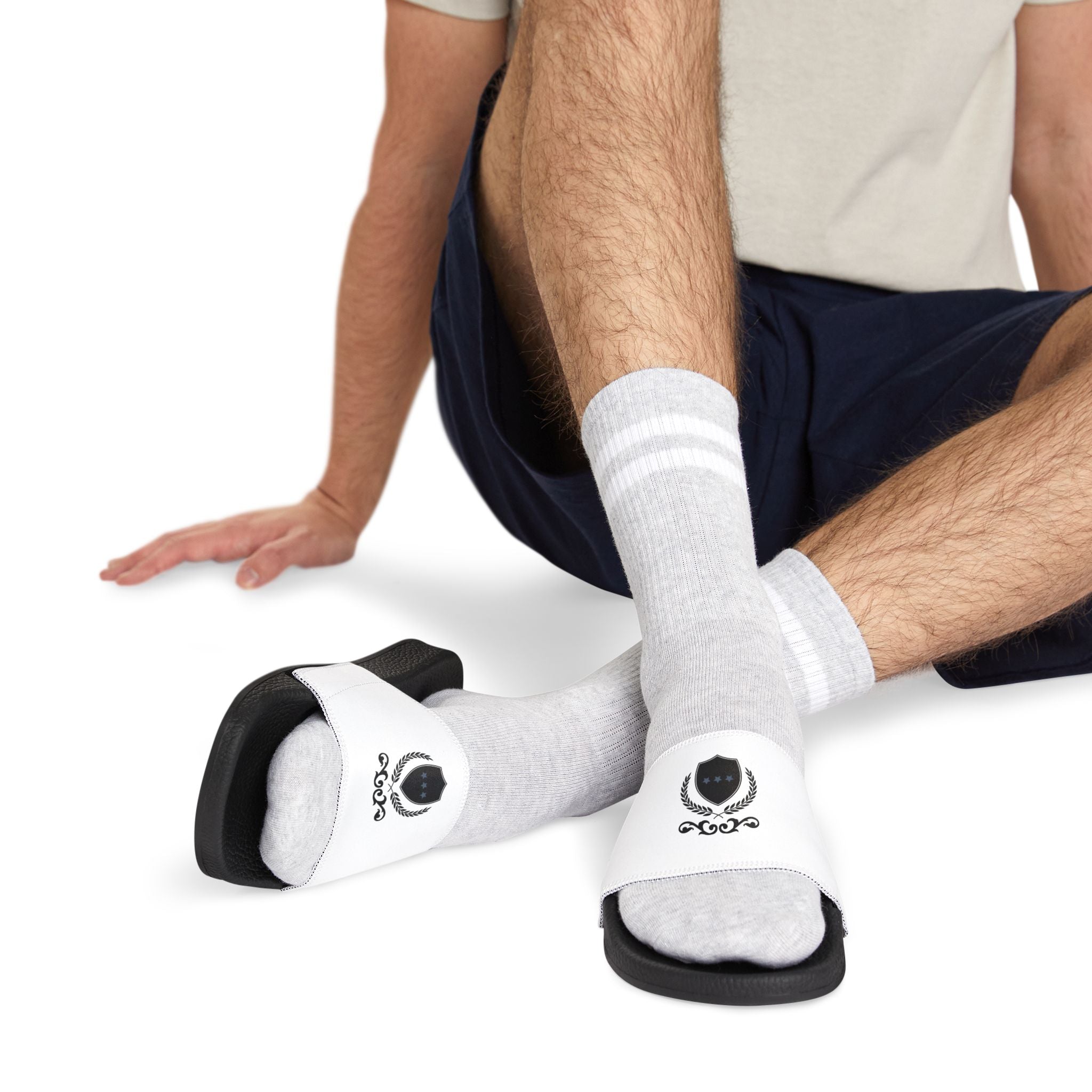 Men's Removable-Strap Sandals — Casual White Slide Sandals with Decorative Crest