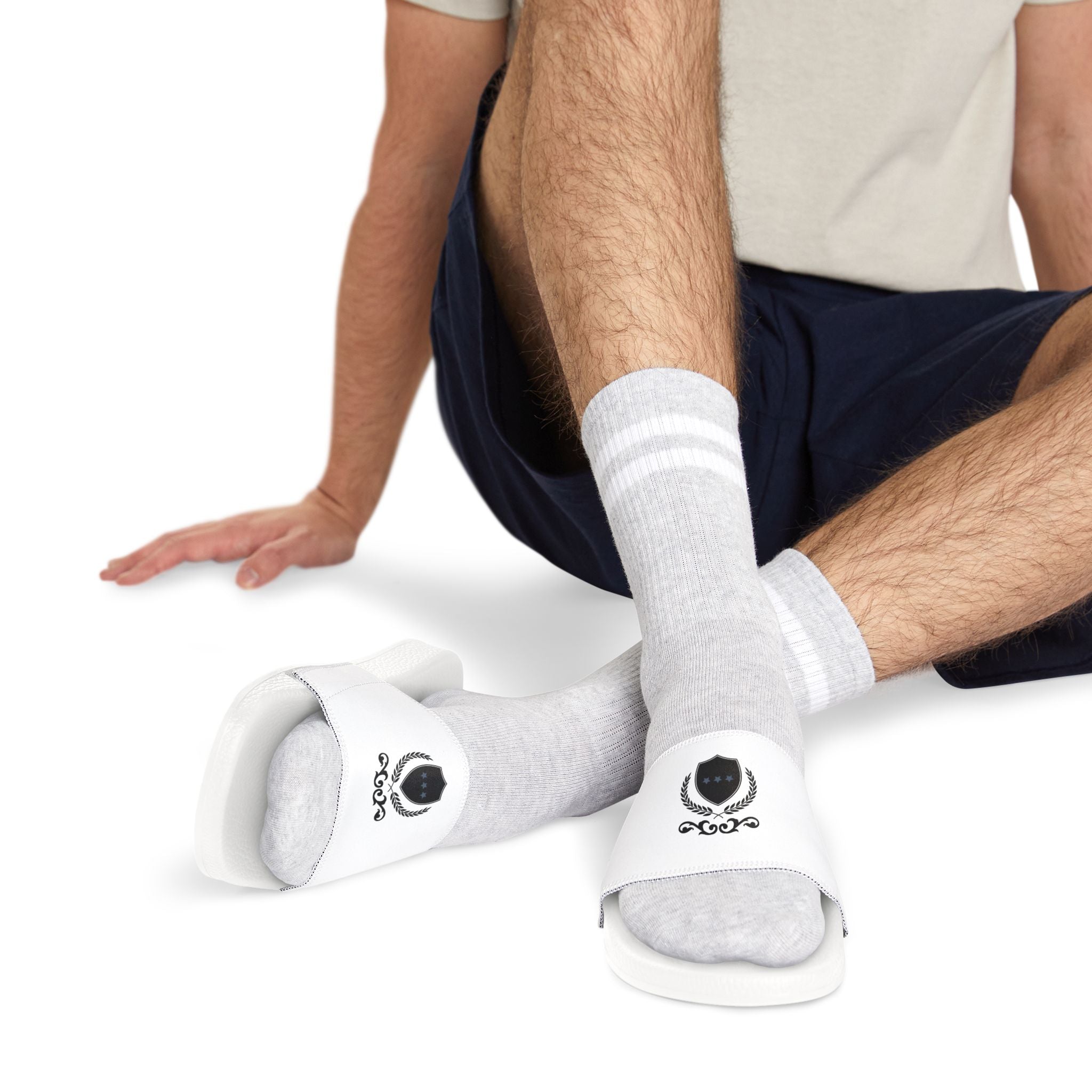 Men's Removable-Strap Sandals — Casual White Slide Sandals with Decorative Crest